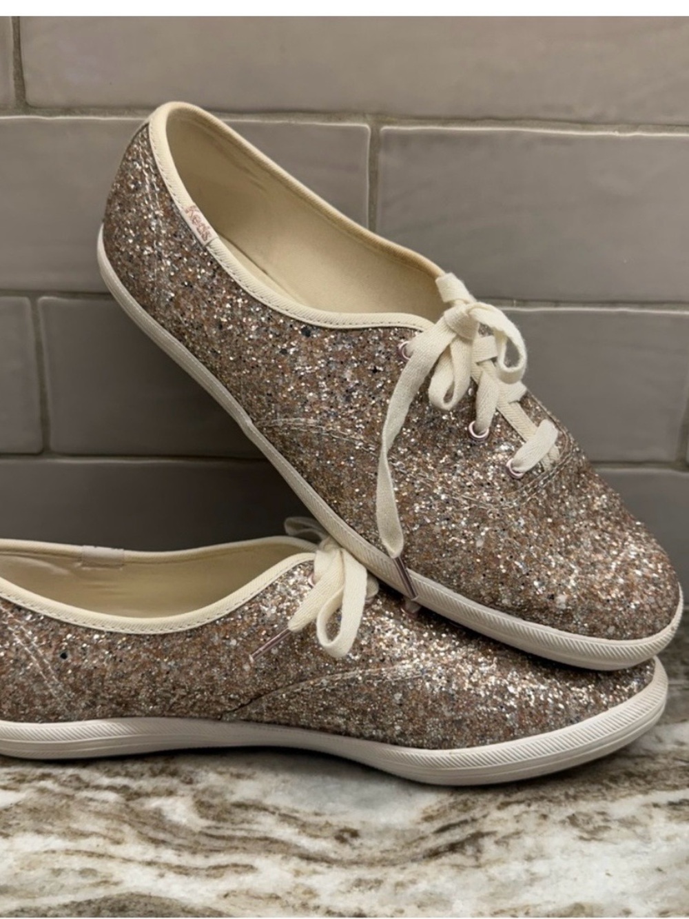 Women's Glitter Lace-Up Flats in Rose Gold